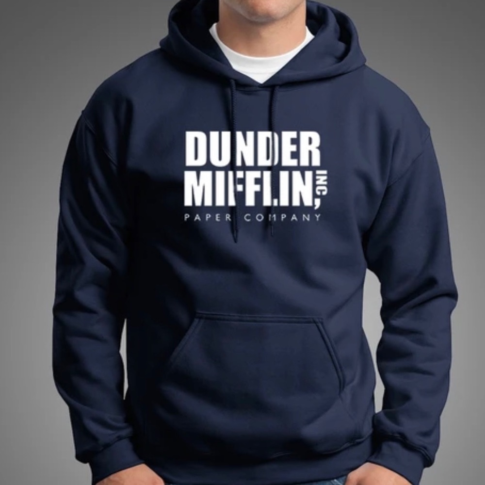 Jerzees Dunder Mifflin The Office Navy Blue Pullover Hoodie Sweatshirt Unisex S